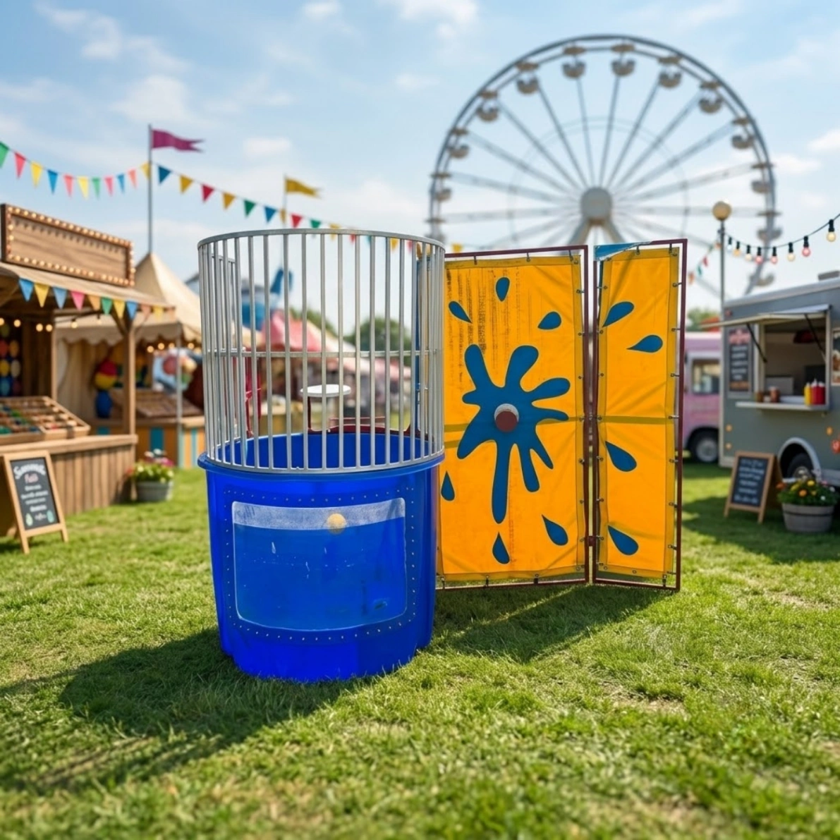 Photos of people gathered around orange and blue dunk tanks set up on grass for outdoor celebrations