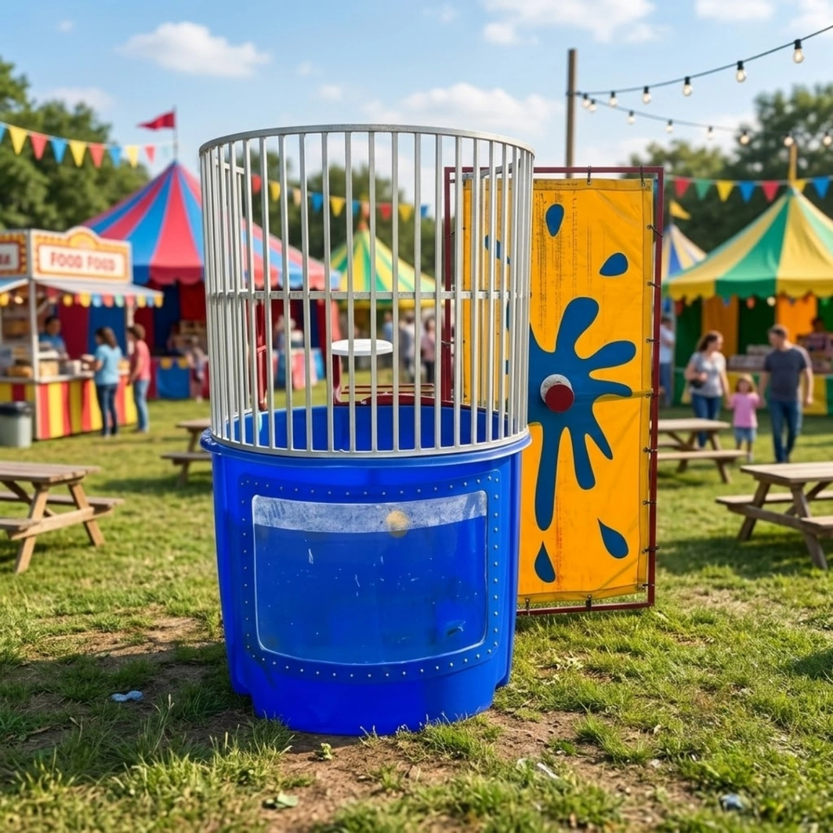 Volunteer dropping into a blue dunk tank during a Chicago event