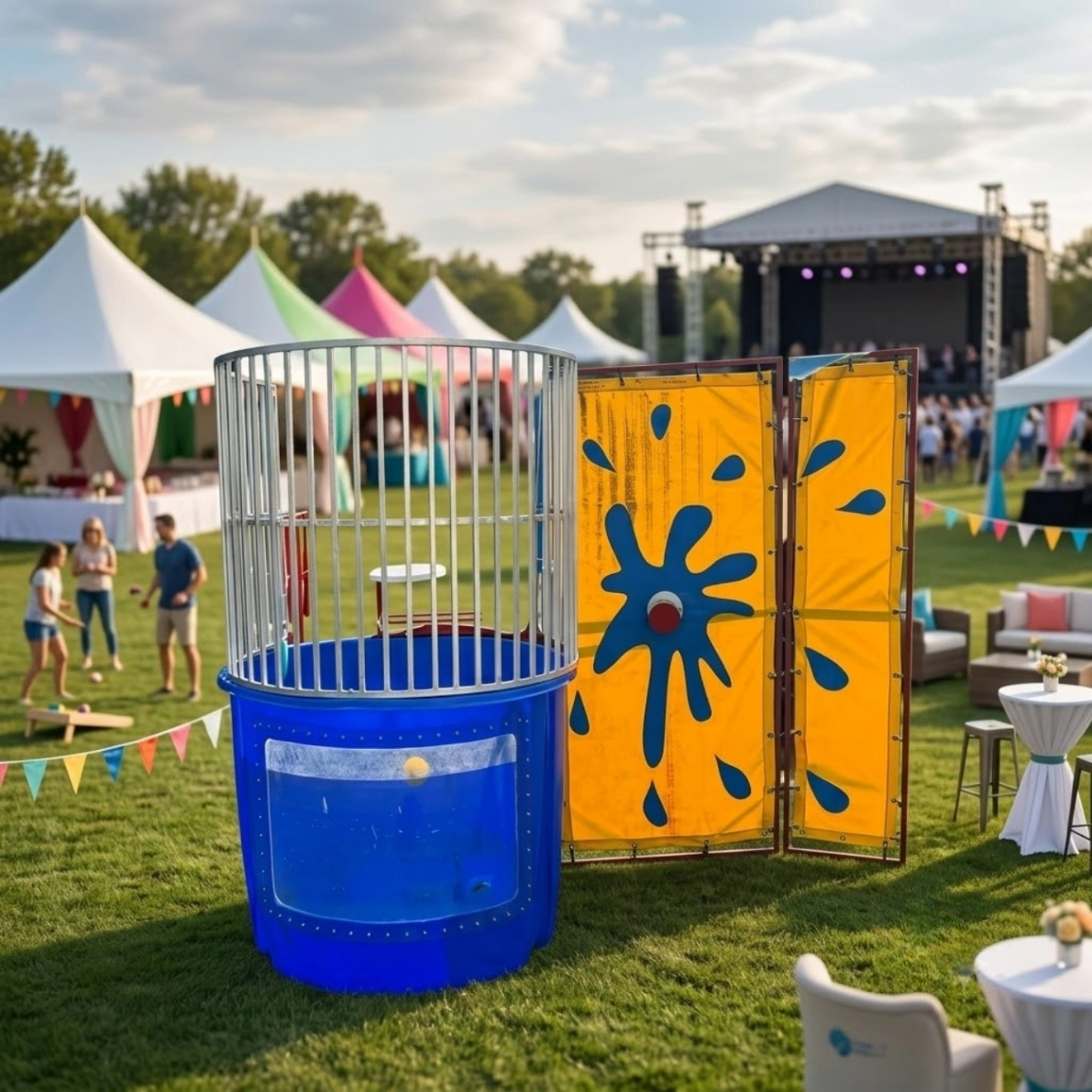 Families and kids gathered at a Chicago outdoor event with a dunk tank