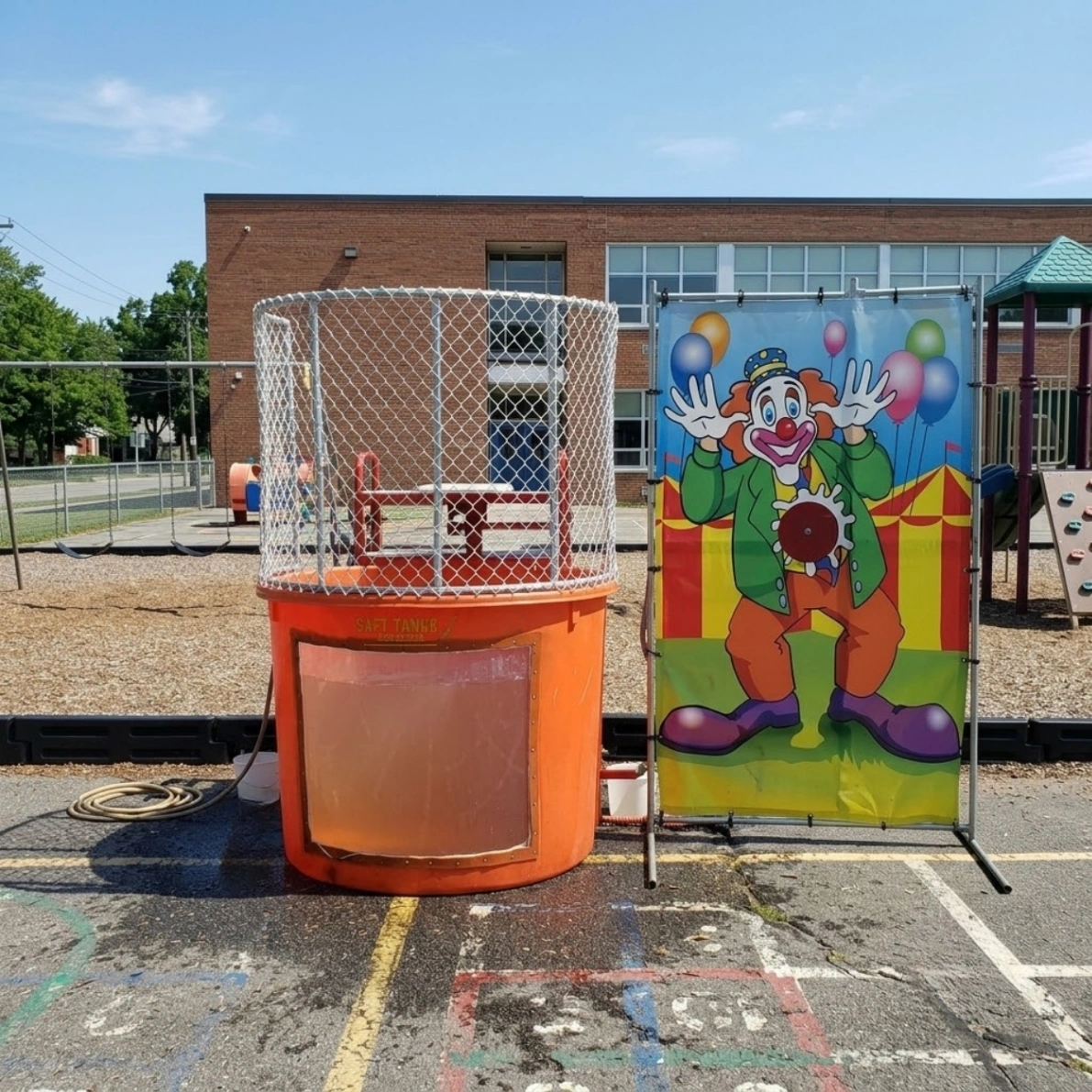 Two outdoor scenes featuring a boy in an orange dunk tank and a blue dunk tank near event tents