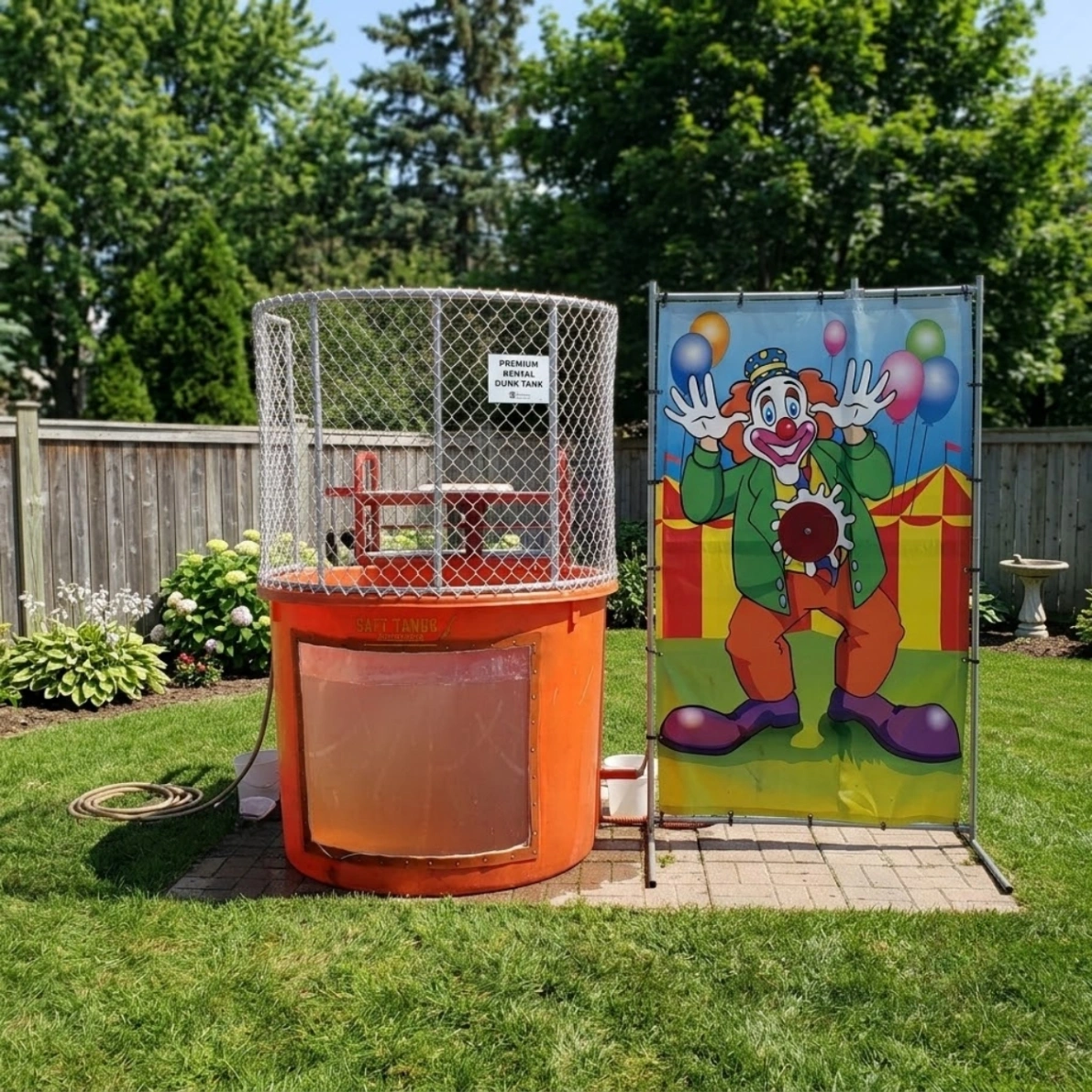 Two outdoor scenes featuring a boy in an orange dunk tank and a blue dunk tank near event tents